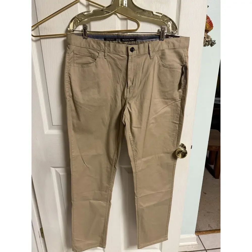 Michael Kors Mens Parker Slim Fit Khaki Tan Chino Pants 36x32 5-Pocket Trousers